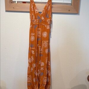Patrons of Peace Rust Orange Maxi Dress with White & Blue Prints